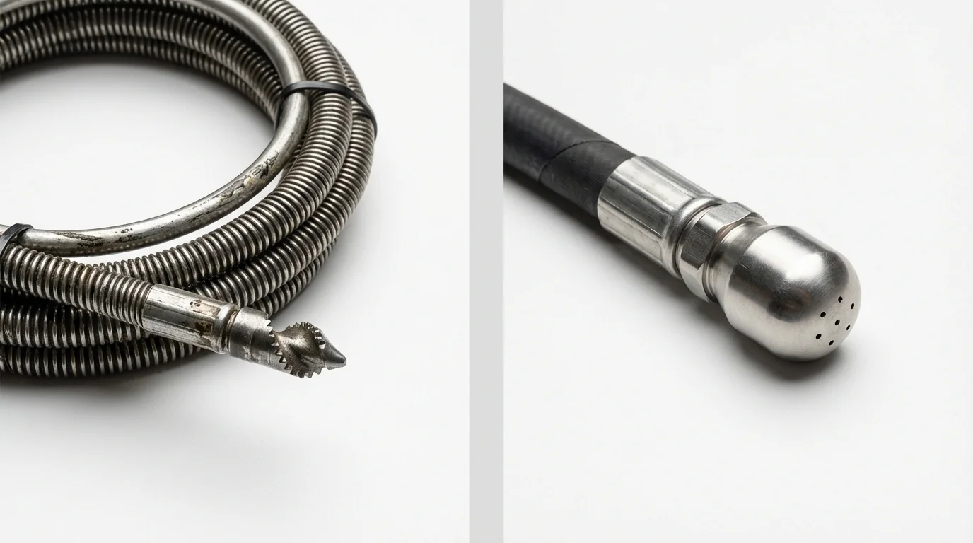 Drain snake cable and hydro jetting nozzle used for drain cleaning in Ossian, IN