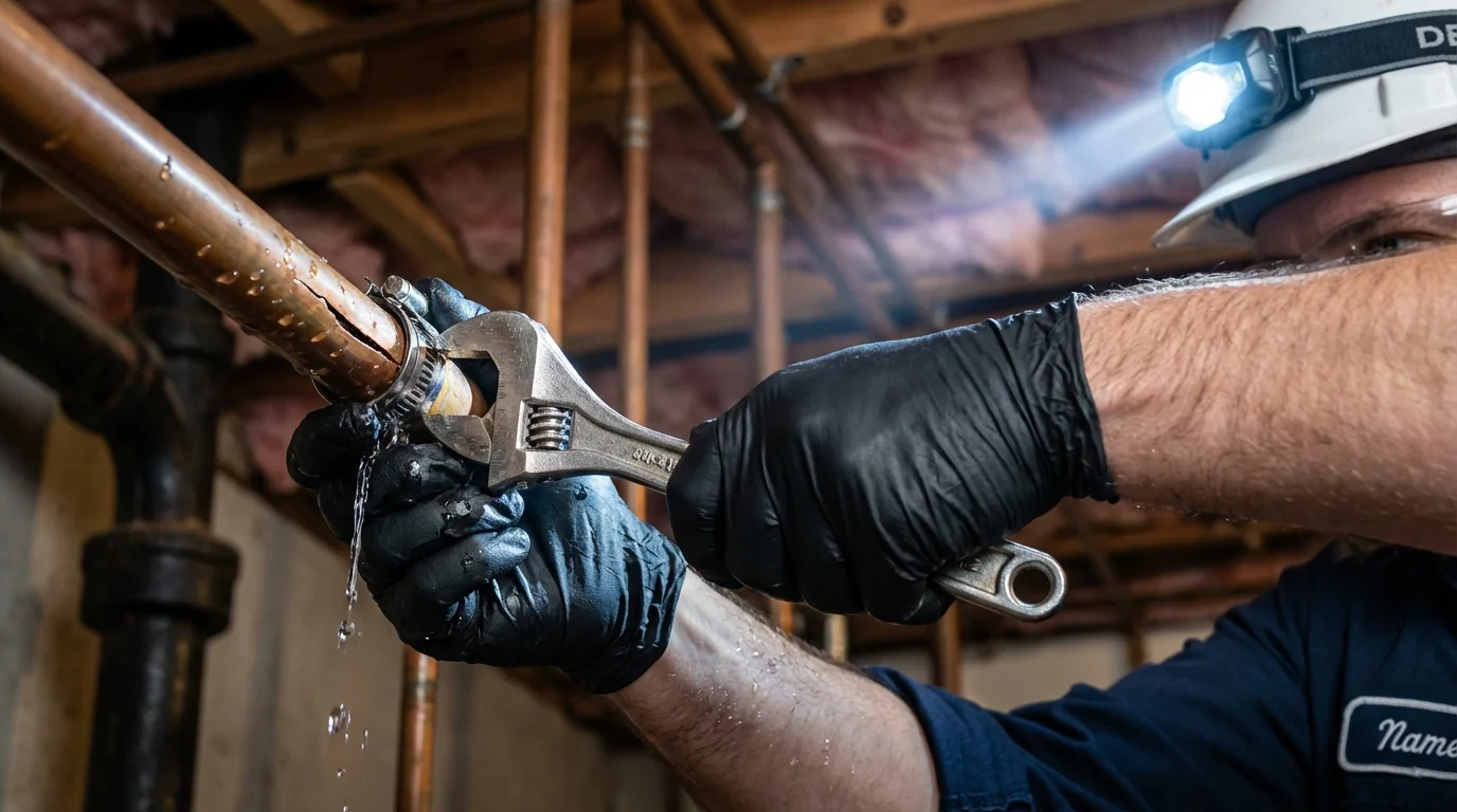 Emergency pipe clamp repair being performed by a Johns Plumbing LLC plumber in Ossian