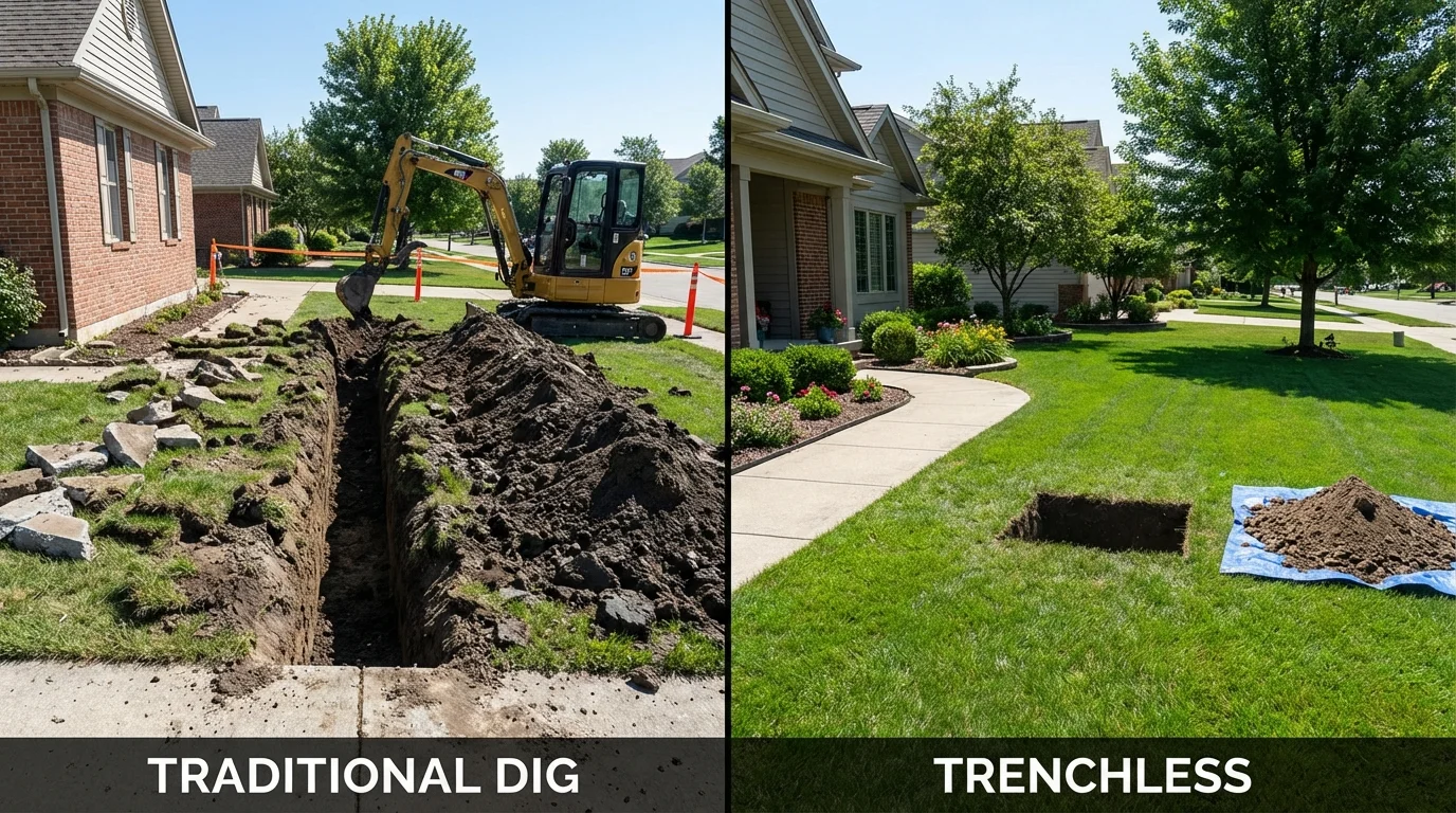 Trenchless sewer repair with minimal yard damage versus traditional excavation in Ossian, IN