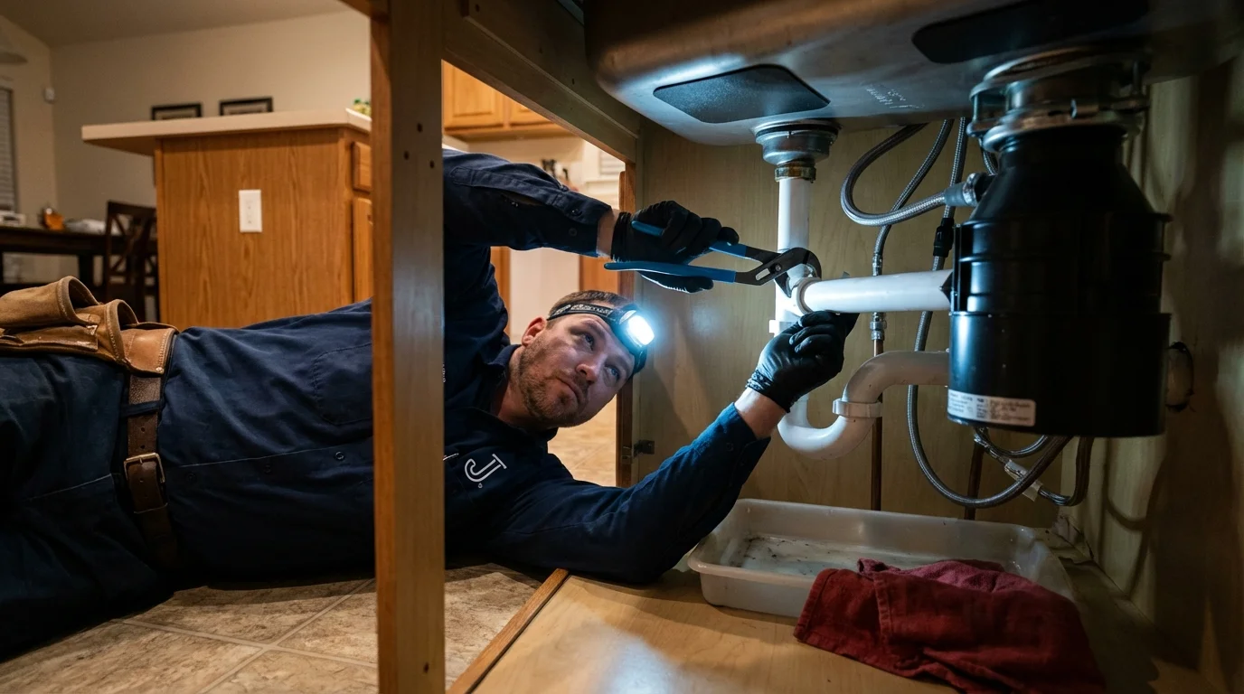 P-trap and supply line connections under a kitchen sink showing a common leak point in Ossian, IN